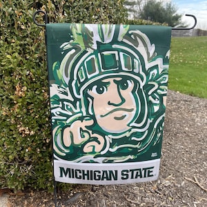 Michigan State University Mascot Garden Flag by Justin Patten (Storm Striker Art, 12&quot;x18&quot;, Michigan State Spartans, Go Green Go White)