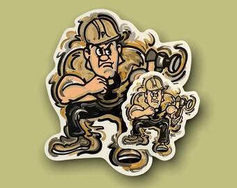 Könnte beinhalten: Zwei Comic-Illustrationen eines Bauarbeiters mit einem Helm und einem Hammer. Die größere Illustration ist im Vordergrund und die kleinere im Hintergrund. Beide Illustrationen sind in Schwarz, Weiß und Braun.