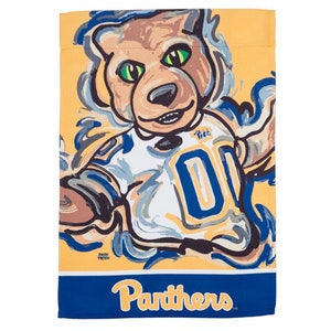 May include: A yellow, blue, and white garden flag featuring a cartoon panther wearing a blue and white jersey with the number "0" on the front. The panther is wearing a blue hat with the word "Pitt" on it. The flag has the word "Panthers" in blue letters on a blue background at the bottom.