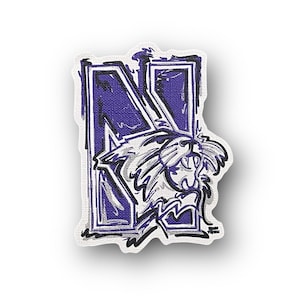 May include: Purple and white stylized illustration of a wildcat with a large 'N' behind it. The wildcat is looking to the right and has a fierce expression.