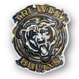 May include: A blue, gold, and white sticker with a stylized bear head and the words "Tri-West Bruins".