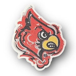 May include: A red cardinal bird with a yellow beak and black eyes. The bird is depicted in a cartoon style with a textured background.