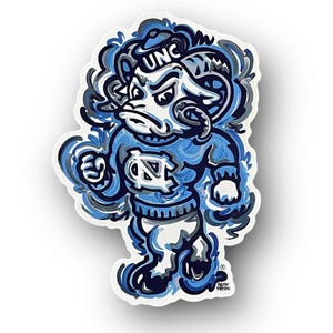 May include: A sticker featuring a cartoon ram mascot in shades of blue and white. The ram is wearing a sweater with the letters "UNC" on its hat and the "NC" logo on its chest. The sticker has a white border.