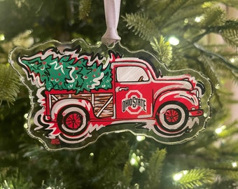 Adorno navideño de camión de la Universidad Estatal de Ohio, de Justin Patten (arte de Storm Striker, exalumno de Ohio State, regalo de fútbol americano de Ohio State)