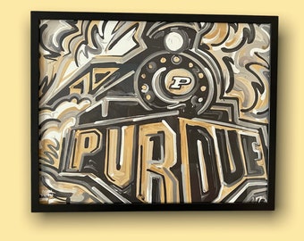 Könnte beinhalten: Abstrakter Kunstdruck in einem schwarzen Rahmen. Das Kunstwerk zeigt das Wort "PURDUE" in fetten Buchstaben, mit einem stilisierten Zugdesign in Schwarz, Gold und Grau. Der Buchstabe "P" ist prominent in einem Kreis dargestellt. Der Hintergrund ist eine Mischung aus wirbelnden Formen.
