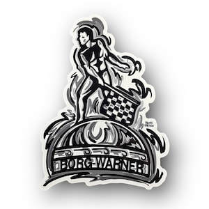 May include: Black and white sticker featuring a stylized illustration of a muscular figure holding a checkered flag. The sticker has the text "BORG-WARNER" at the bottom. The artist's signature, "JUSTIN PATTEN", is in the lower right corner.