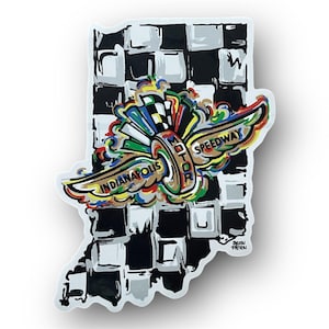 May include: A sticker featuring the outline of Indiana with a black and white checkered background. The sticker has a colorful emblem with the words "Indianapolis Motor Speedway" and wings.