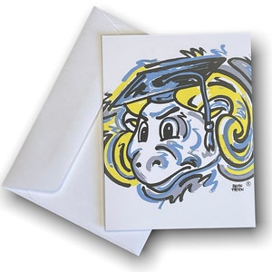 Puede incluir: Una ilustraci&oacute;n de dibujos animados de un carnero con un gorro de graduaci&oacute;n. El carnero tiene un patr&oacute;n de remolino azul y amarillo. La ilustraci&oacute;n est&aacute; en un estilo de dibujos animados y tiene un toque caprichoso.
