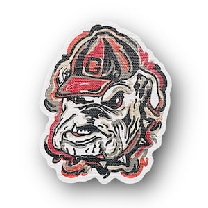May include: Embroidered patch featuring a bulldog wearing a red and black baseball cap with a white "G" on the front. The bulldog has a stern expression, with red eyes and a spiked collar. The patch has a white border.
