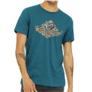 May include: Teal blue t-shirt with a colorful graphic of a winged creature with a skull and crossbones design.