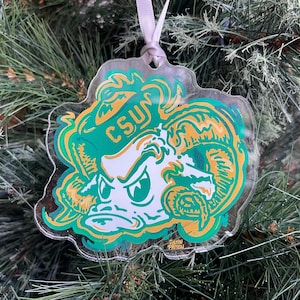 May include: A clear plastic Christmas ornament featuring a green and gold mascot with the text "CSUN" on its hat. The mascot has a white face with green eyes and a yellow nose.