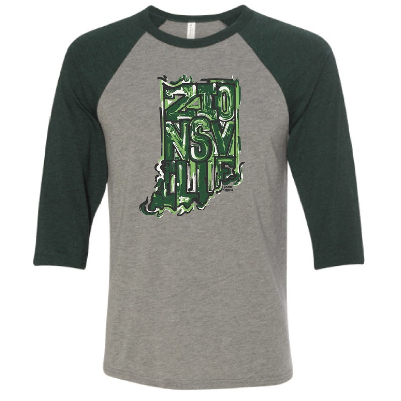 May include: A grey and green baseball t-shirt with a graphic of the state of Indiana with the words "Zionsville" written inside the outline of the state.