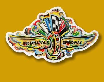 Indianapolis Motor Speedway Wing and Wheel Sticker by Justin Patten (Storm Striker Art,Indy 500, Vinyl Sticker, For Exterior Car Use, 6"x4")