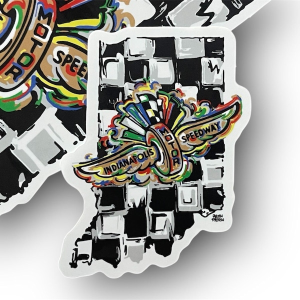 Indianapolis Motor Speedway Wing and Wheel Indiana Shape Mini Vinyl Sticker by Justin Patten (IMS, Indy 500, Pagoda, Wing and Wheel)