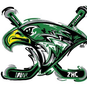 May include: A stylized illustration of a green and black eagle head with yellow accents, crossed with two hockey sticks. The text "ZHC" and "LOU" are on the hockey sticks. The artist's signature "Justin Patten" is in the lower right corner.