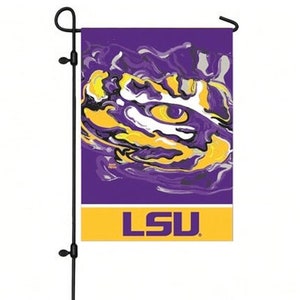 May include: A purple and yellow garden flag with a swirling design and the text "LSU" in yellow letters.