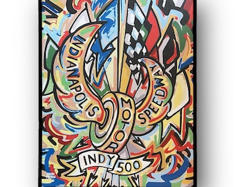 Może przedstawiać: Kolorowy obraz abstrakcyjny z napisami "Indianapolis Motor Speedway" i "Indy 500". Obraz jest połączeniem żółtego, czerwonego, niebieskiego, zielonego i czarnego.