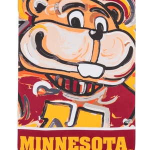 May include: A colorful garden flag featuring a cartoon bear with a big smile. The bear is wearing a red and yellow jersey with the word "MINNESOTA" printed on it.