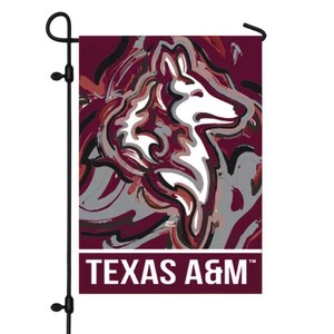 May include: A maroon garden flag with a white abstract design of a wolf head and the text "TEXAS A&M" in white.