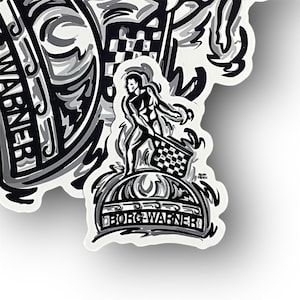 May include: Black and white illustration of a person holding a checkered flag, standing on a globe with the text "BorgWarner" on it.