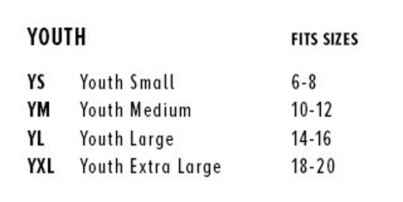 Puede incluir: Un gr&aacute;fico que muestra las tallas de ropa para j&oacute;venes con los rangos de edad correspondientes. Las tallas son YS para Youth Small, YM para Youth Medium, YL para Youth Large y YXL para Youth Extra Large. Los rangos de edad son 6-8, 10-12, 14-16 y 18-20.