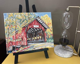 Impresión en lienzo de 25 x 20 cm de "Puente Cubierto" de Justin Patten (Storm Striker Art, pintura otoñal, pintura al aire libre, colores otoñales, calabaza especiada)