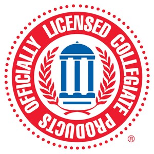 May include: A circular emblem with a red border and white text that reads "OFFICIALLY LICENSED COLLEGIATE PRODUCTS." The center features a blue building with columns and a blue arched roof, surrounded by a laurel wreath.