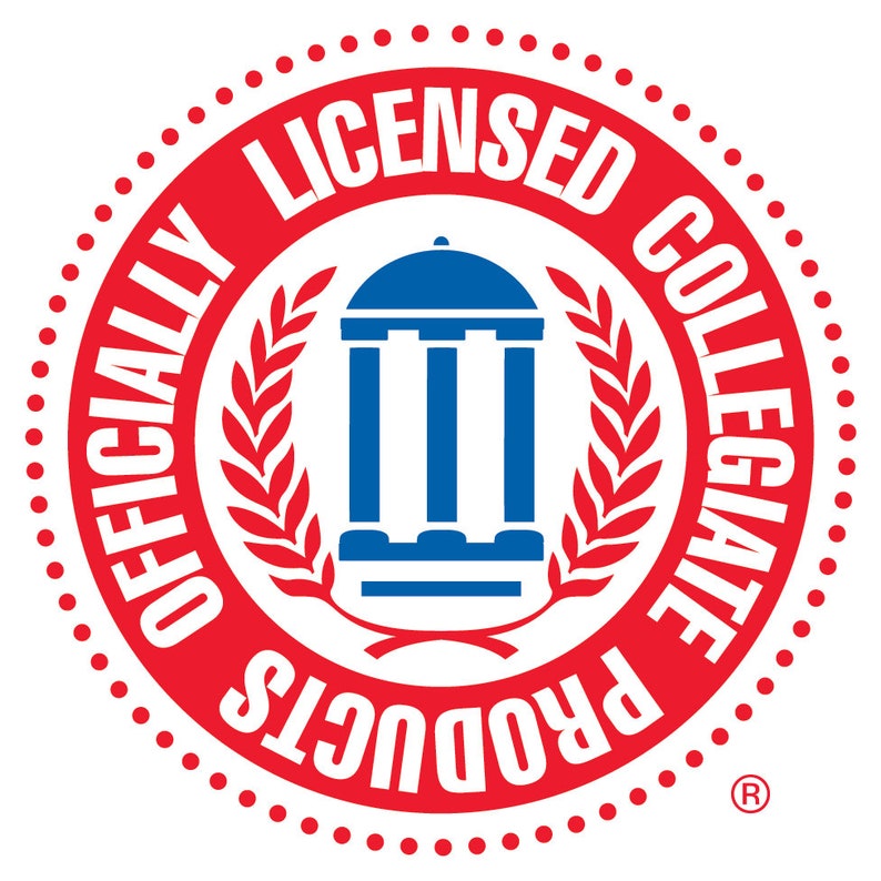 May include: A circular emblem with a red border and white text that reads "OFFICIALLY LICENSED COLLEGIATE PRODUCTS." The center features a blue building with columns and a blue arched roof, surrounded by a laurel wreath.