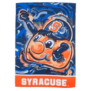 May include: A garden flag featuring a cartoon mascot with an orange face and blue hat. The mascot is wearing a hat with the letter "S" on it. The background is a blue and white abstract design. The text "SYRACUSE" is printed in white on an orange banner at the bottom of the flag.