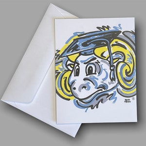 Puede incluir: Una ilustraci&oacute;n colorida de un carnero de dibujos animados con un gorro de graduaci&oacute;n. El carnero tiene una cara azul, amarilla y blanca con un contorno negro. El fondo es un remolino de amarillo, azul y gris.