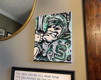 Impresión en lienzo vintage de la Universidad Estatal de Michigan, 20 x 25 cm, con envoltorio Sparty, de Justin Patten (Storm Striker Art, obsequio para exalumnos de la Universidad Estatal de Michigan, CLC)