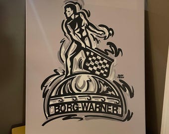 Op de afbeelding: Een zwart-witte illustratie van een persoon die een geblokte vlag vasthoudt, staand op een globe met de tekst "Borg-Warner" erop. De achtergrond is lichtgrijs.