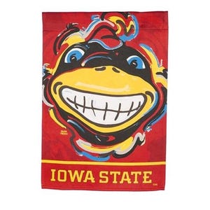 May include: A red, yellow, black, and blue garden flag with a cartoon mascot of a smiling bird with a red crest. The text "IOWA STATE" is printed in yellow on a red banner at the bottom of the flag.
