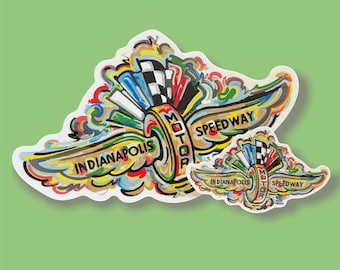 Indianapolis Motor Speedway Wing and Wheel Mini Vinyl Sticker (3"x2") by Justin Patten