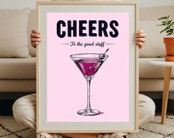 Pink Cheers Bar Cart, Downloadable Art, Vintage Bar Cart Art, Trendy Retro Bar Art, Alcohol Poster, Martini Wall Art, Quirky Wall Art