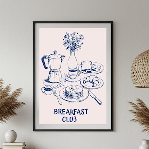 Breakfast Club Downloadable Art Print, Modern Kitchen Indigo Blue Wall Decor, Breakfast Table Wall Art, Trendy Food Art Poster