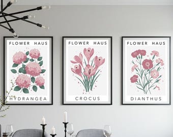 Set of 3 Flower Haus Digital Prints - Dusty Pink Wall Art, Botanical Art Prints & Posters, Vintage Retro Floral Gallery Wall Art Pink Green