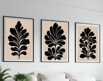 Humeurige botanische kunst, organische grote abstracte print, abstracte bloemen muurdecoratie, moderne beige en zwarte muurkunst uit het midden van de eeuw