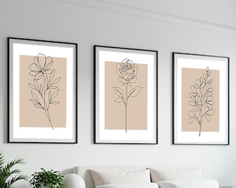 Set of 3 Neutral Botanical Prints, Plant Line Art Prints, Minimalist Beige Wall Decor for Modern Bedroom and Living Room, Printable Art