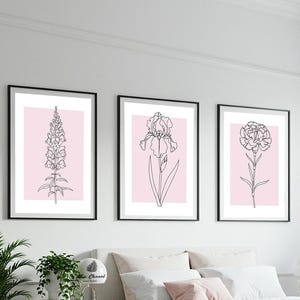 Pink Botanical Line Art Prints, Set of 3 Flower Wall Art, Minimalist Bedroom Decor, Dusty Pink Home Decor, Printable Art, Digital Download