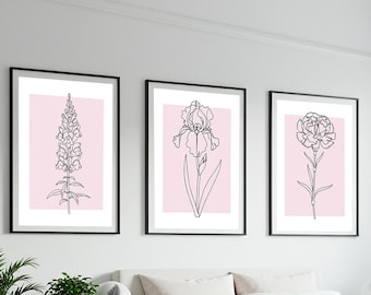 Pink Botanical Line Art Prints, Set of 3 Flower Wall Art, Minimalist Bedroom Decor, Dusty Pink Home Decor, Printable Art, Digital Download