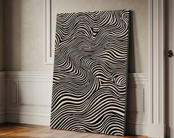 Impresión digital de líneas abstractas: arte mural moderno y neutro, póster minimalista de líneas grandes, decoración moderna de mediados de siglo en negro y beige.