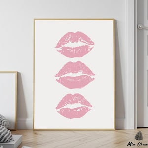 Pink Kiss Lips Wall Art, Trendy Retro Poster, Girly Aesthetic Print, Coquette Room Decor, Funky Apartment Art, Digital Download