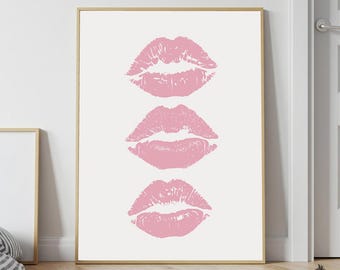 Pink Kiss Lips Wall Art, Trendy Retro Poster, Girly Aesthetic Print, Coquette Room Decor, Funky Apartment Art, Digital Download