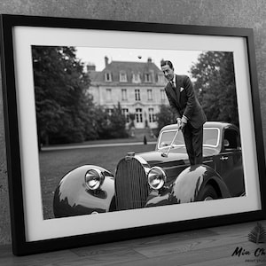 Vintage Golfer on Car Print, Black and White Art, Vintage Wall Art, Retro Wall Print, Man Cave Décor, DOWNLOAD, Luxury Golf PRINTABLE Art