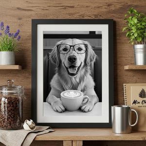 Funny Golden Retriever Coffee Print, Dog with Glasses Art, Humorous Animal Wall Art, Black and White Art, Coffee Lover Gift, DOWNLOAD