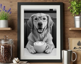 Funny Golden Retriever Coffee Print, Dog with Glasses Art, Humorous Animal Wall Art, Black and White Art, Coffee Lover Gift, DOWNLOAD