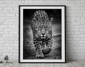 Trendy Stalking Leopard Print, Black and White Art, Fashion Stylish Wall Art Print, Digital Download, Home Decor, Printable Wall Art