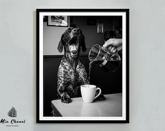 Impresión de café divertido para perros, arte en blanco y negro, decoración de comedor, impresión de pared de cafetería retro, arte de pared vintage, descargable, arte imprimible