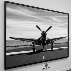 P51 Mustang Quicksilver on Runway Print, Warbird Photography, P-51 Mustang, WW2 Fighter Plane Art, Black and White WWII Aviation Photography